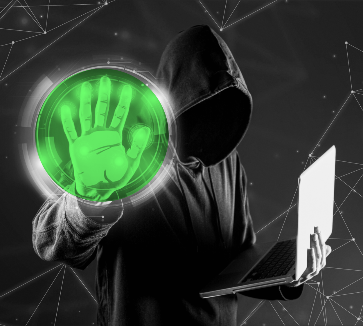 a person in hoodie holding a computer with a green hand for security